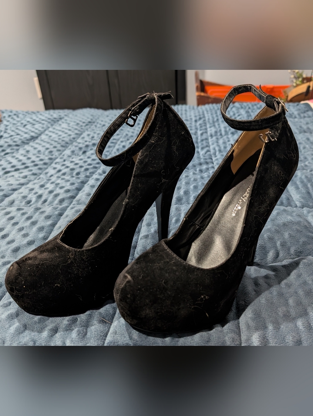 Women's Black Velvet Ankle-Strap Platform Heels
